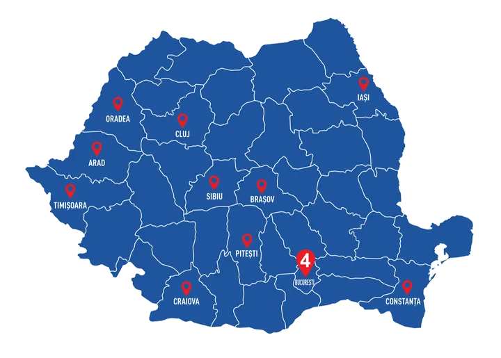 Harta României cu orașele în care Life Dental Spa are clinici: Arad, Brașov, București, Cluj-Napoca, Constanța, Craiova, Iași, Oradea, Pitești, Sibiu și Timișoara